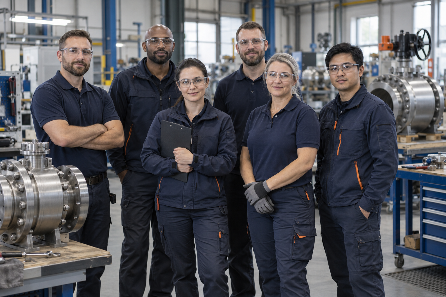 Mitarbeitende in Arbeitskleidung und Schutzbrillen in der Fertigungshalle, im Vordergrund ein Kugelhahn mit Flanschanschluss